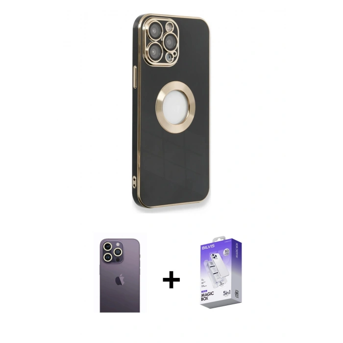 MARSİLYAN™- iPhone 13 Pro Max Kılıf İz Form Serisi - Siyah Bilvis 5in1 3D Magic Cam Ekran Koruyucu + Beyaz Neon Fosforlu Kamera Lens