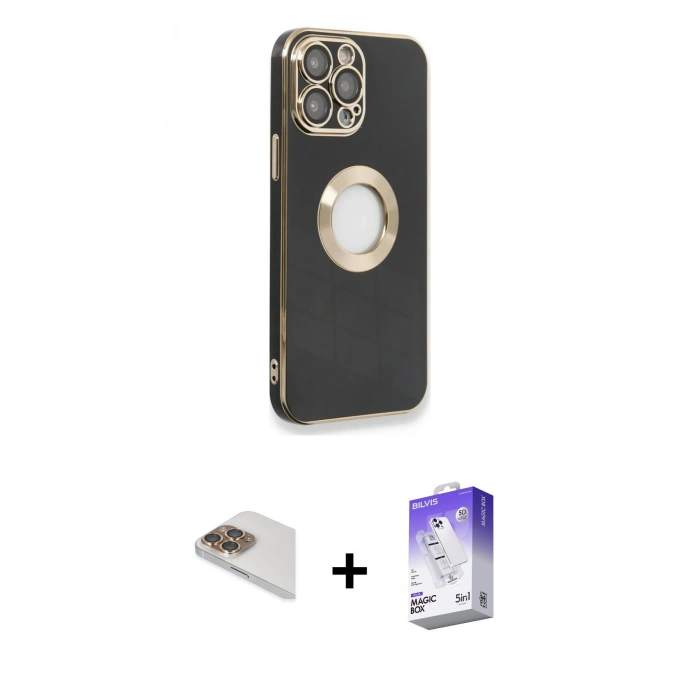 MARSİLYAN™- iPhone 13 Pro Max Kılıf İz Form Serisi - Siyah Bilvis 5in1 3D Magic Cam Ekran Koruyucu + Gold Pers Alüminyum Kamera Lens