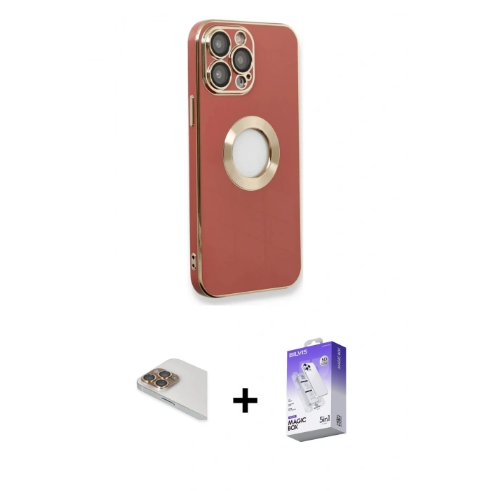 MARSİLYAN™- iPhone 13 Pro Max Kılıf İz Form Serisi - Siyah Bilvis 5in1 3D Magic Cam Ekran Koruyucu + Gold Pers Alüminyum Kamera Lens