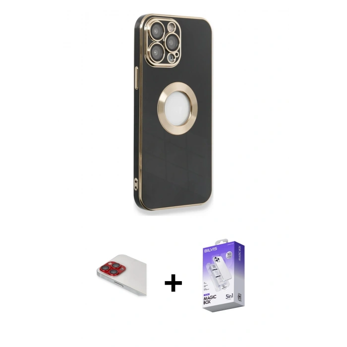 MARSİLYAN™- iPhone 13 Pro Max Kılıf İz Form Serisi - Siyah Bilvis 5in1 3D Magic Cam Ekran Koruyucu + Pers Alüminyum Kamera Lens - KI