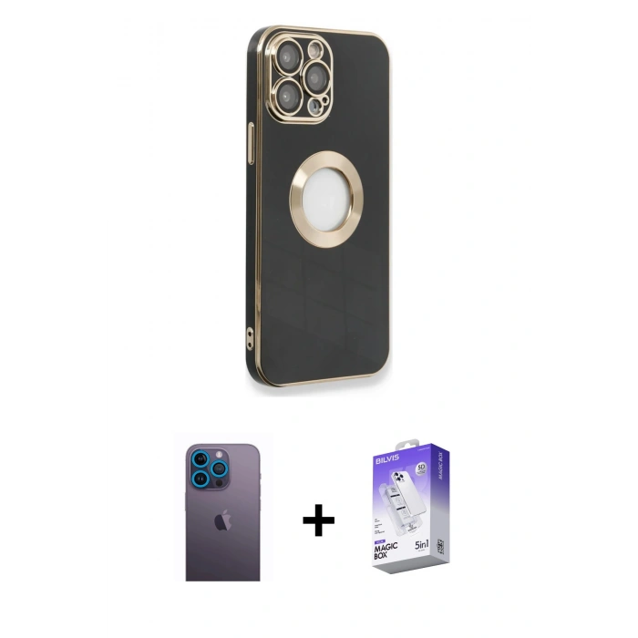 MARSİLYAN™- iPhone 13 Pro Max Kılıf İz Form Serisi - Siyah Bilvis 5in1 3D Magic Cam Ekran Koruyucu + Neon Fosforlu Kamera Lens - MI