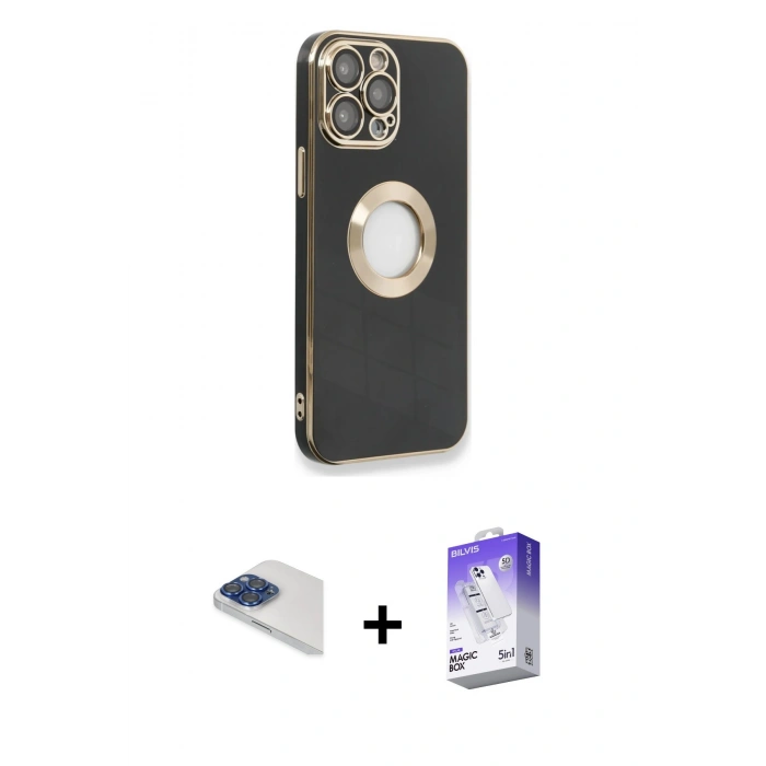 MARSİLYAN™- iPhone 13 Pro Max Kılıf İz Form Serisi - Siyah Bilvis 5in1 3D Magic Cam Ekran Koruyucu + Pers Alüminyum Kamera Lens - LT