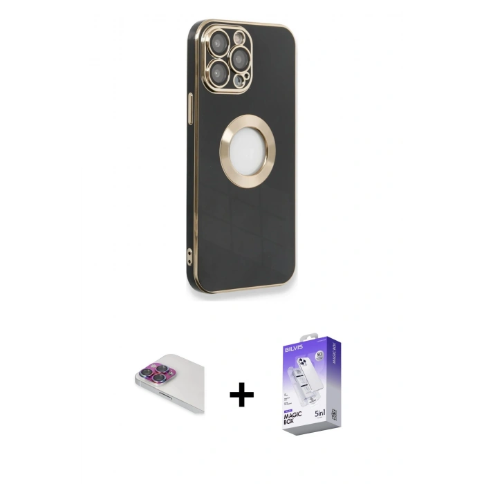 MARSİLYAN™- iPhone 13 Pro Max Kılıf İz Form Serisi - Siyah Bilvis 5in1 3D Magic Cam Ekran Koruyucu + Pers Alüminyum Kamera Lens - GI