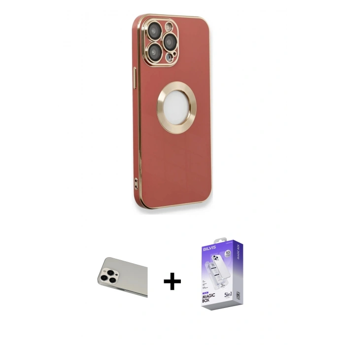 MARSİLYAN™- iPhone 13 Pro Max Kılıf İz Form Serisi - Siyah Bilvis 5in1 3D Magic Cam Ekran Koruyucu + Rainbow Kamera Lens Koruma Cam - BZ
