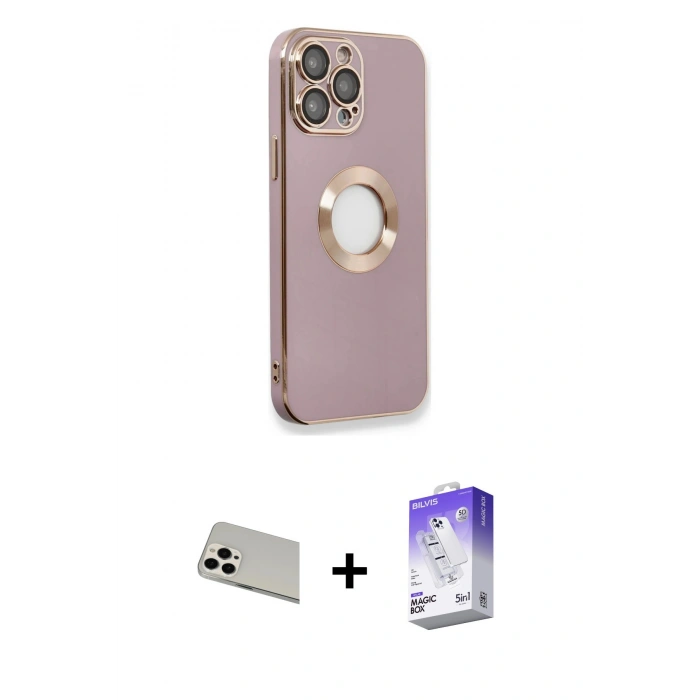 MARSİLYAN™- iPhone 13 Pro Max Kılıf İz Form Serisi - Siyah Bilvis 5in1 3D Magic Cam Ekran Koruyucu + Rainbow Kamera Lens Koruma Cam - BZ