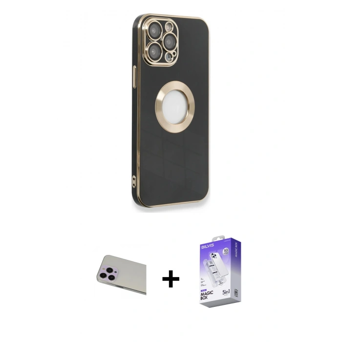 MARSİLYAN™- iPhone 13 Pro Max Kılıf İz Form Serisi - Siyah Bilvis 5in1 3D Magic Cam Ekran Koruyucu + Rainbow Kamera Lens Koruma Cam - MR