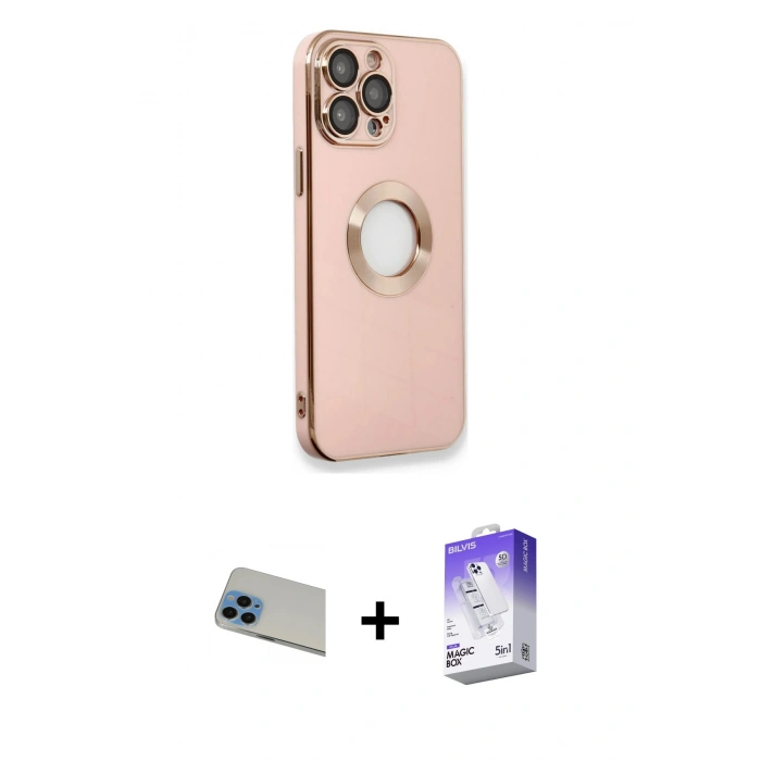 MARSİLYAN™- iPhone 13 Pro Max Kılıf İz Form Serisi - Siyah Bilvis 5in1 3D Magic Cam Ekran Koruyucu + Rainbow Kamera Lens Koruma Cam - MI