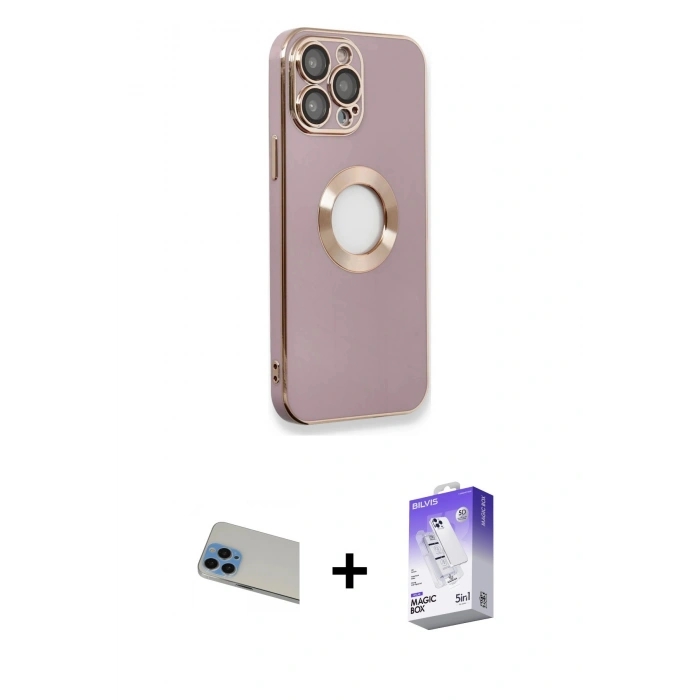 MARSİLYAN™- iPhone 13 Pro Max Kılıf İz Form Serisi - Siyah Bilvis 5in1 3D Magic Cam Ekran Koruyucu + Rainbow Kamera Lens Koruma Cam - MI