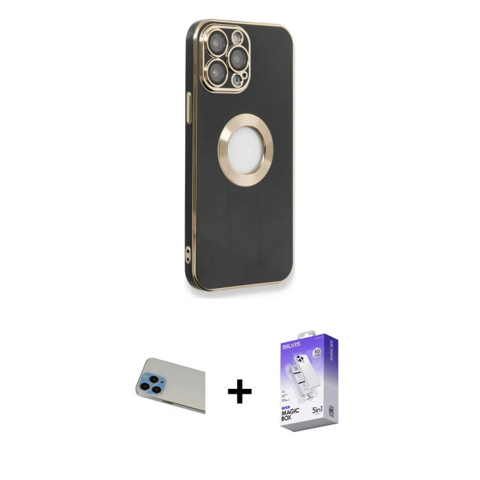 MARSİLYAN™- iPhone 13 Pro Max Kılıf İz Form Serisi - Siyah Bilvis 5in1 3D Magic Cam Ekran Koruyucu + Rainbow Kamera Lens Koruma Cam - MI