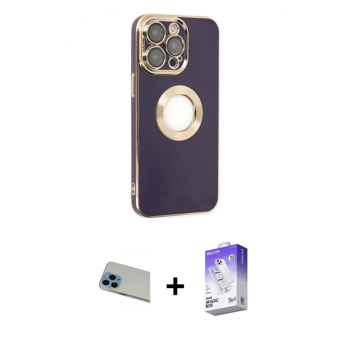 MARSİLYAN™- iPhone 13 Pro Max Kılıf İz Form Serisi - Siyah Bilvis 5in1 3D Magic Cam Ekran Koruyucu + Rainbow Kamera Lens Koruma Cam - MI