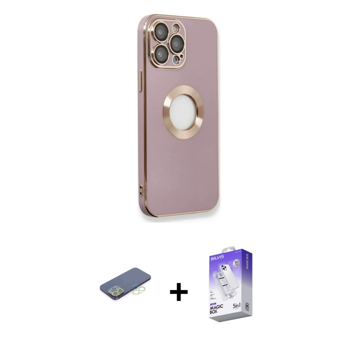 MARSİLYAN™- iPhone 13 Pro Max Kılıf İz Form Serisi - Siyah Bilvis 5in1 3D Magic Cam Ekran Koruyucu + Renkli Kamera Lens Koruma Cam - YL