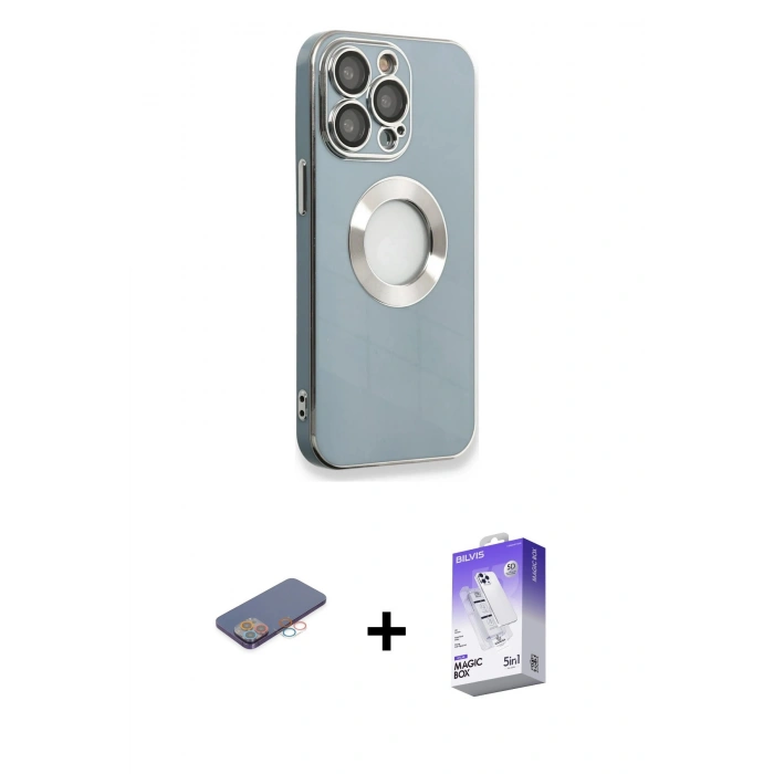 MARSİLYAN™- iPhone 13 Pro Max Kılıf İz Form Serisi - Siyah Bilvis 5in1 3D Magic Cam Ekran Koruyucu + Renkli Kamera Lens Koruma Cam - PE
