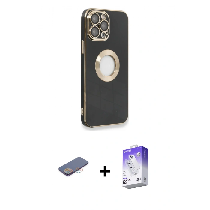 MARSİLYAN™- iPhone 13 Pro Max Kılıf İz Form Serisi - Siyah Bilvis 5in1 3D Magic Cam Ekran Koruyucu + Renkli Kamera Lens Koruma Cam - PE