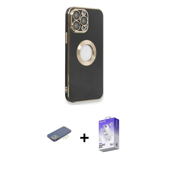 MARSİLYAN™- iPhone 13 Pro Max Kılıf İz Form Serisi - Siyah Bilvis 5in1 3D Magic Cam Ekran Koruyucu + Renkli Kamera Lens Koruma Cam - YL
