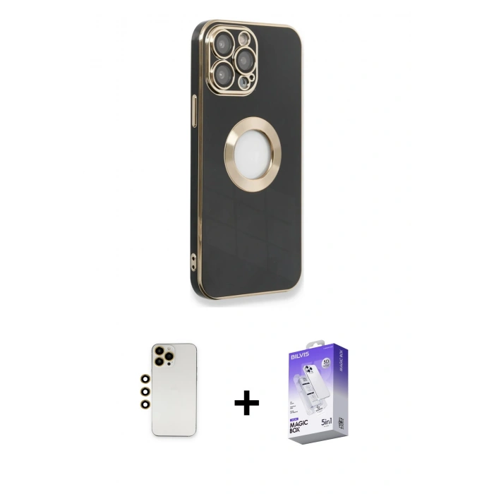 MARSİLYAN™- iPhone 13 Pro Max Kılıf İz Form Serisi - Siyah Bilvis 5in1 3D Magic Cam Ekran Koruyucu + Shine Kamera Lens - GD
