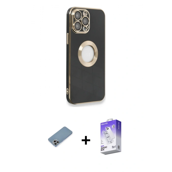 MARSİLYAN™- iPhone 13 Pro Max Kılıf İz Form Serisi - Siyah Bilvis 5in1 3D Magic Cam Ekran Koruyucu + Shine Kamera Lens Koruma Cam - GI