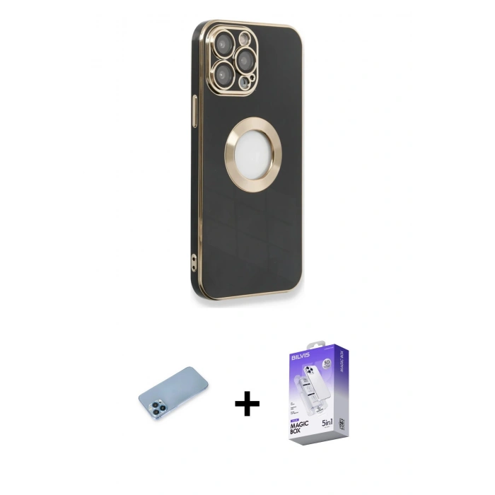 MARSİLYAN™- iPhone 13 Pro Max Kılıf İz Form Serisi - Siyah Bilvis 5in1 3D Magic Cam Ekran Koruyucu + Shine Kamera Lens Koruma Cam - MI