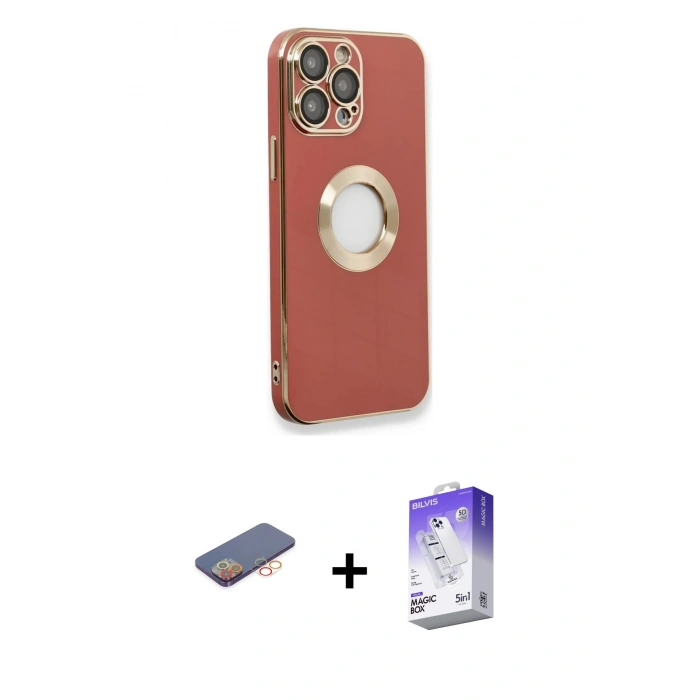 MARSİLYAN™- iPhone 13 Pro Max Kılıf İz Form Serisi - Siyah Bilvis 5in1 3D Magic Cam Ekran Koruyucu + Renkli Kamera Lens Koruma Cam - TU