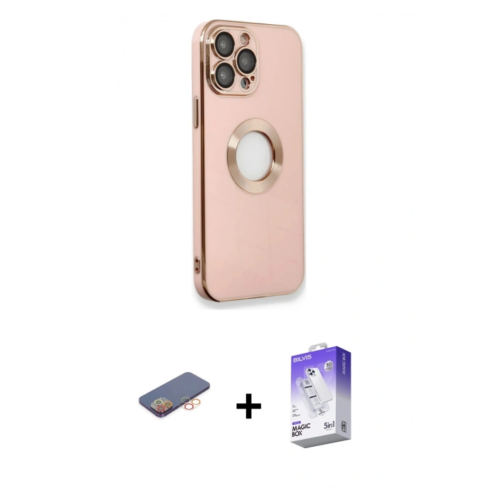 MARSİLYAN™- iPhone 13 Pro Max Kılıf İz Form Serisi - Siyah Bilvis 5in1 3D Magic Cam Ekran Koruyucu + Renkli Kamera Lens Koruma Cam - TU