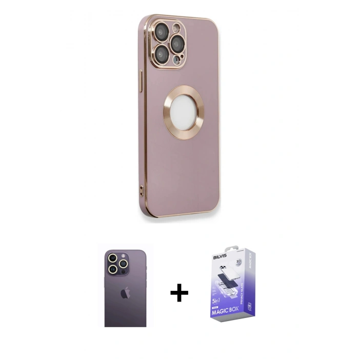 MARSİLYAN™- iPhone 13 Pro Max Kılıf İz Form Serisi - Siyah Bilvis 5in1 5D Magic Hayalet Cam Ekran Koruyucu + Neon Fosforlu Kamera Lens - BZ