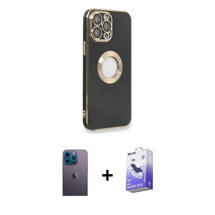MARSİLYAN™- iPhone 13 Pro Max Kılıf İz Form Serisi - Siyah Bilvis 5in1 5D Magic Hayalet Cam Ekran Koruyucu + Neon Fosforlu Kamera Lens - MI