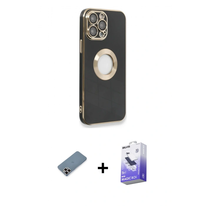 MARSİLYAN™- iPhone 13 Pro Max Kılıf İz Form Serisi - Siyah Bilvis 5in1 5D Magic Hayalet Cam Ekran Koruyucu + Metal Kamera Lens Koruma Cam - MR