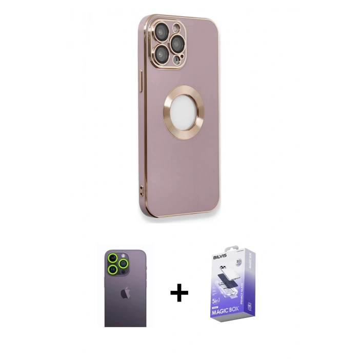 MARSİLYAN™- iPhone 13 Pro Max Kılıf İz Form Serisi - Siyah Bilvis 5in1 5D Magic Hayalet Cam Ekran Koruyucu + Neon Fosforlu Kamera Lens - YL