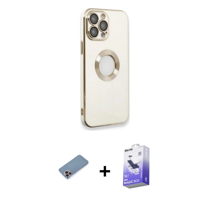 MARSİLYAN™- iPhone 13 Pro Max Kılıf İz Form Serisi - Siyah Bilvis 5in1 5D Magic Hayalet Cam Ekran Koruyucu + Shine Kamera Lens Koruma Cam - PE