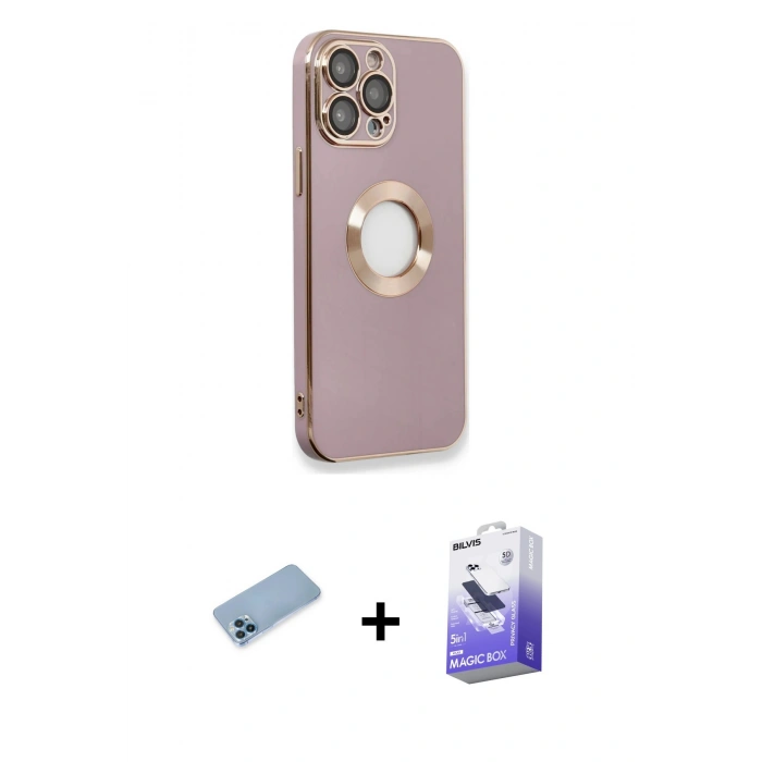 MARSİLYAN™- iPhone 13 Pro Max Kılıf İz Form Serisi - Siyah Bilvis 5in1 5D Magic Hayalet Cam Ekran Koruyucu + Shine Kamera Lens Koruma Cam - MI