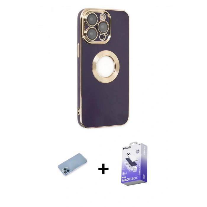 MARSİLYAN™- iPhone 13 Pro Max Kılıf İz Form Serisi - Siyah Bilvis 5in1 5D Magic Hayalet Cam Ekran Koruyucu + Shine Kamera Lens Koruma Cam - MI