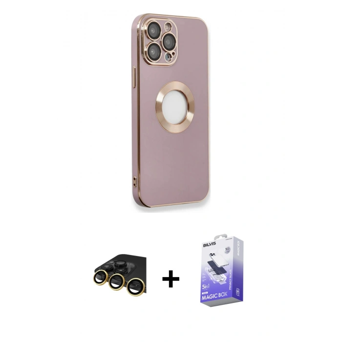 MARSİLYAN™- iPhone 13 Pro Max Kılıf İz Form Serisi - Siyah Bilvis 5in1 5D Magic Hayalet Cam Ekran Koruyucu + Raze Metal Kamera Lens - GD