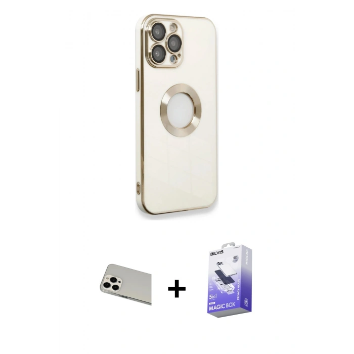 MARSİLYAN™- iPhone 13 Pro Max Kılıf İz Form Serisi - Siyah Bilvis 5in1 5D Magic Hayalet Cam Ekran Koruyucu + Rainbow Kamera Lens Koruma Cam - BZ
