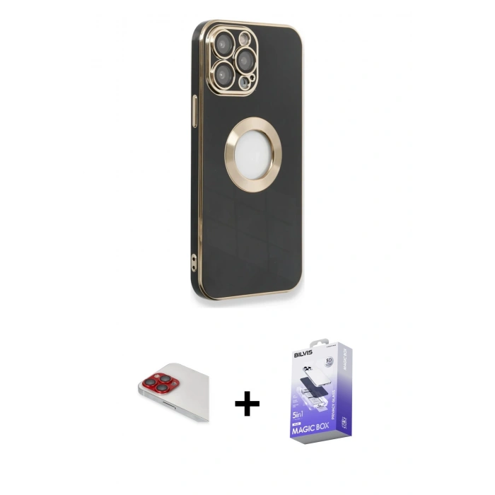 MARSİLYAN™- iPhone 13 Pro Max Kılıf İz Form Serisi - Siyah Bilvis 5in1 5D Magic Hayalet Cam Ekran Koruyucu + Pers Alüminyum Kamera Lens - KI