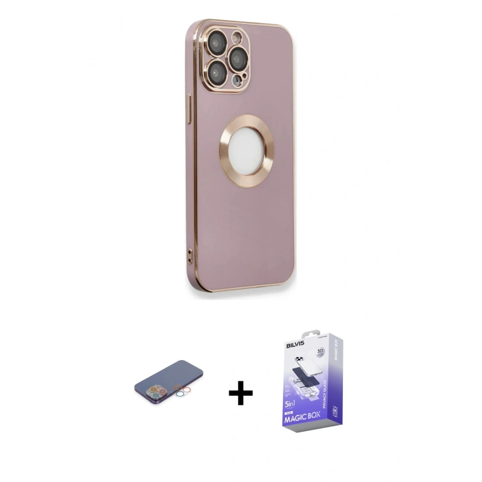 MARSİLYAN™- iPhone 13 Pro Max Kılıf İz Form Serisi - Siyah Bilvis 5in1 5D Magic Hayalet Cam Ekran Koruyucu + Renkli Kamera Lens Koruma Cam - PE
