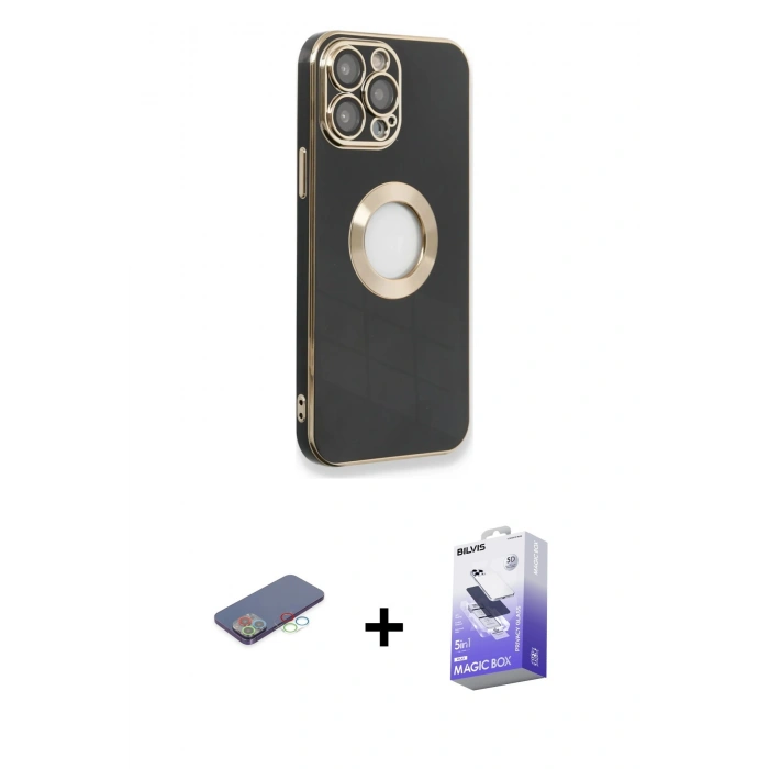 MARSİLYAN™- iPhone 13 Pro Max Kılıf İz Form Serisi - Siyah Bilvis 5in1 5D Magic Hayalet Cam Ekran Koruyucu + Renkli Kamera Lens Koruma Cam - MI