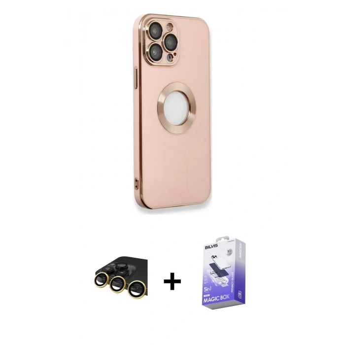 MARSİLYAN™- iPhone 13 Pro Max Kılıf İz Form Serisi - Siyah Bilvis 5in1 5D Magic Hayalet Cam Ekran Koruyucu + Raze Metal Kamera Lens - GD