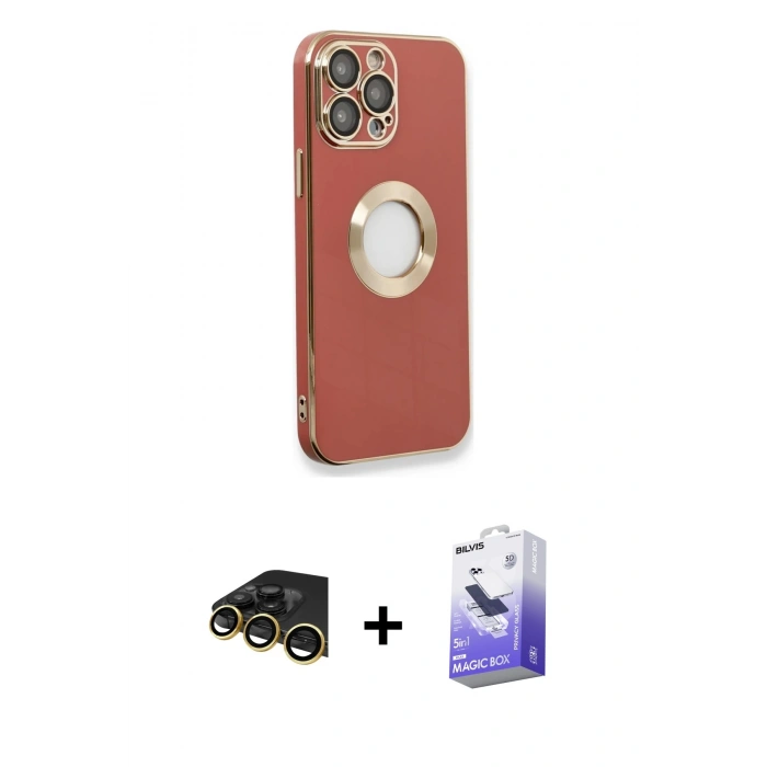 MARSİLYAN™- iPhone 13 Pro Max Kılıf İz Form Serisi - Siyah Bilvis 5in1 5D Magic Hayalet Cam Ekran Koruyucu + Raze Metal Kamera Lens - GD
