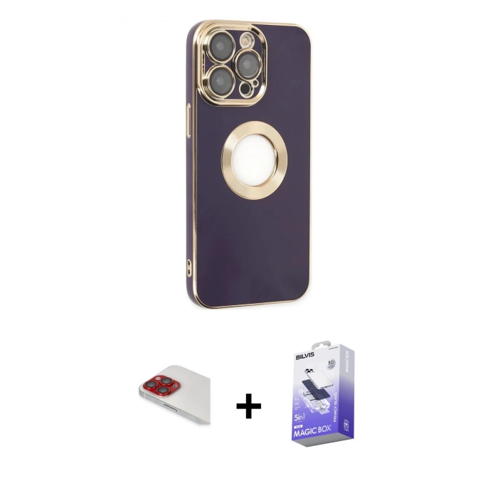 MARSİLYAN™- iPhone 13 Pro Max Kılıf İz Form Serisi - Siyah Bilvis 5in1 5D Magic Hayalet Cam Ekran Koruyucu + Pers Alüminyum Kamera Lens - KI