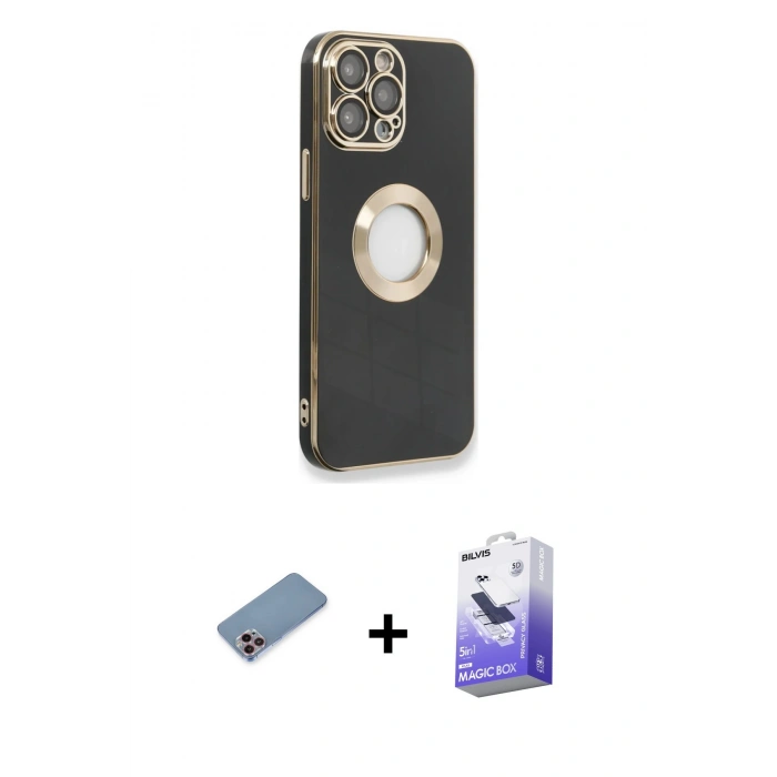 MARSİLYAN™- iPhone 13 Pro Max Kılıf İz Form Serisi - Siyah Bilvis 5in1 5D Magic Hayalet Cam Ekran Koruyucu + Shine Kamera Lens Koruma Cam - PE