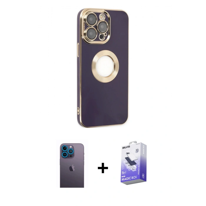 MARSİLYAN™- iPhone 13 Pro Max Kılıf İz Form Serisi - Siyah Bilvis 5in1 5D Magic Hayalet Cam Ekran Koruyucu + Neon Fosforlu Kamera Lens - MI