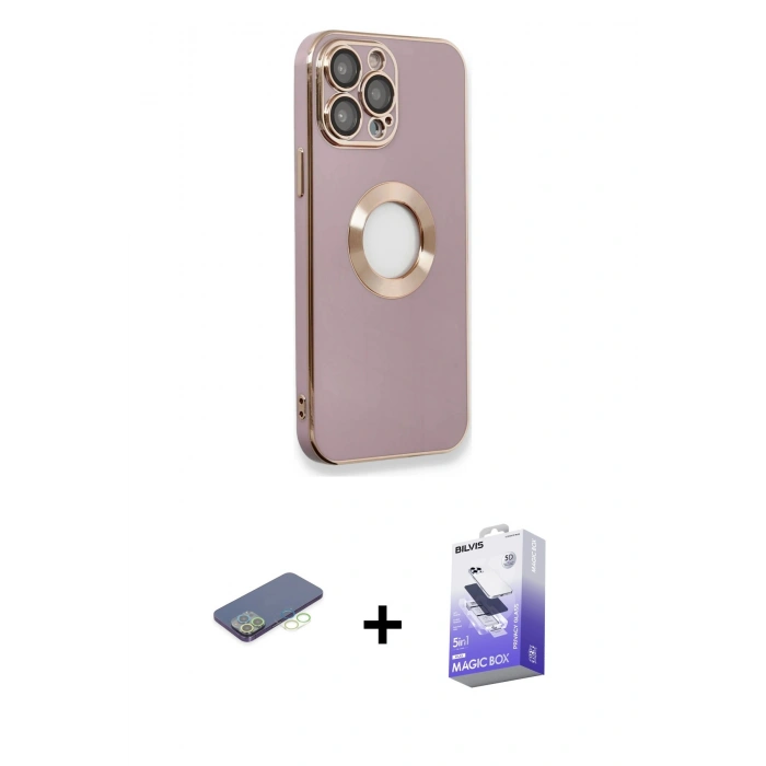 MARSİLYAN™- iPhone 13 Pro Max Kılıf İz Form Serisi - Siyah Bilvis 5in1 5D Magic Hayalet Cam Ekran Koruyucu + Renkli Kamera Lens Koruma Cam - YL