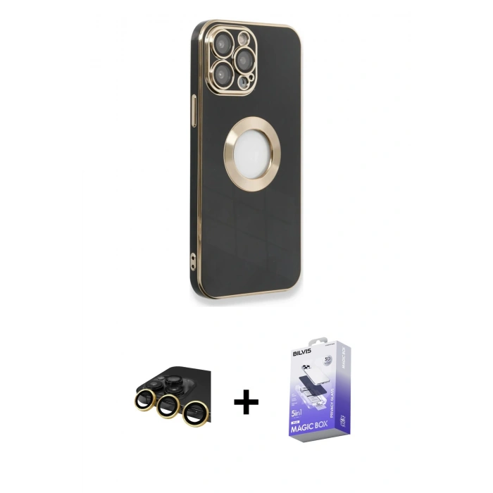 MARSİLYAN™- iPhone 13 Pro Max Kılıf İz Form Serisi - Siyah Bilvis 5in1 5D Magic Hayalet Cam Ekran Koruyucu + Raze Metal Kamera Lens - GD