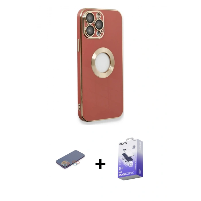 MARSİLYAN™- iPhone 13 Pro Max Kılıf İz Form Serisi - Siyah Bilvis 5in1 5D Magic Hayalet Cam Ekran Koruyucu + Renkli Kamera Lens Koruma Cam - PE