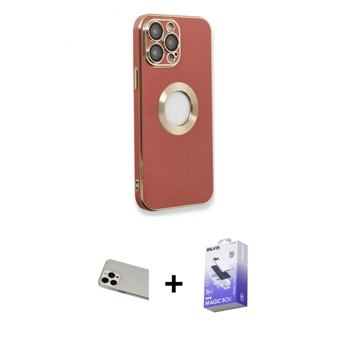 MARSİLYAN™- iPhone 13 Pro Max Kılıf İz Form Serisi - Siyah Bilvis 5in1 5D Magic Hayalet Cam Ekran Koruyucu + Rainbow Kamera Lens Koruma Cam - BZ