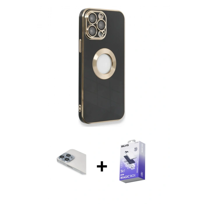 MARSİLYAN™- iPhone 13 Pro Max Kılıf İz Form Serisi - Siyah Bilvis 5in1 5D Magic Hayalet Cam Ekran Koruyucu + Pers Alüminyum Kamera Lens - SABE