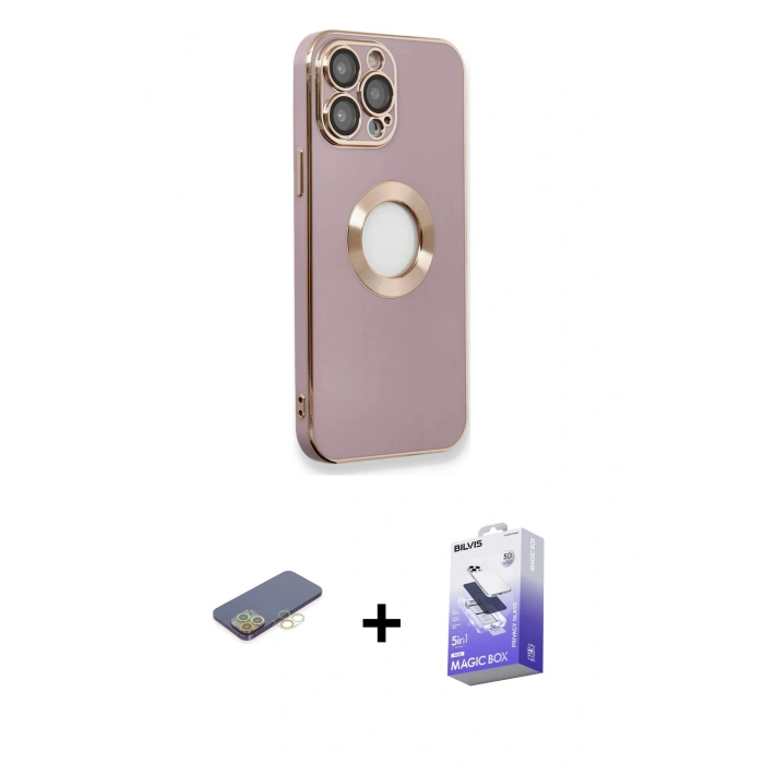 MARSİLYAN™- iPhone 13 Pro Max Kılıf İz Form Serisi - Siyah Bilvis 5in1 5D Magic Hayalet Cam Ekran Koruyucu + Renkli Kamera Lens Koruma Cam - SI