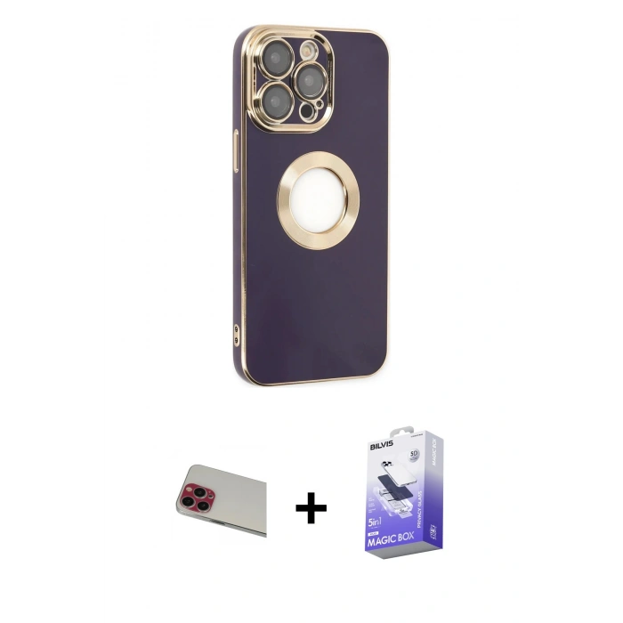 MARSİLYAN™- iPhone 13 Pro Max Kılıf İz Form Serisi - Siyah Bilvis 5in1 5D Magic Hayalet Cam Ekran Koruyucu + Kırmızı Rainbow Kamera Lens Koruma Cam