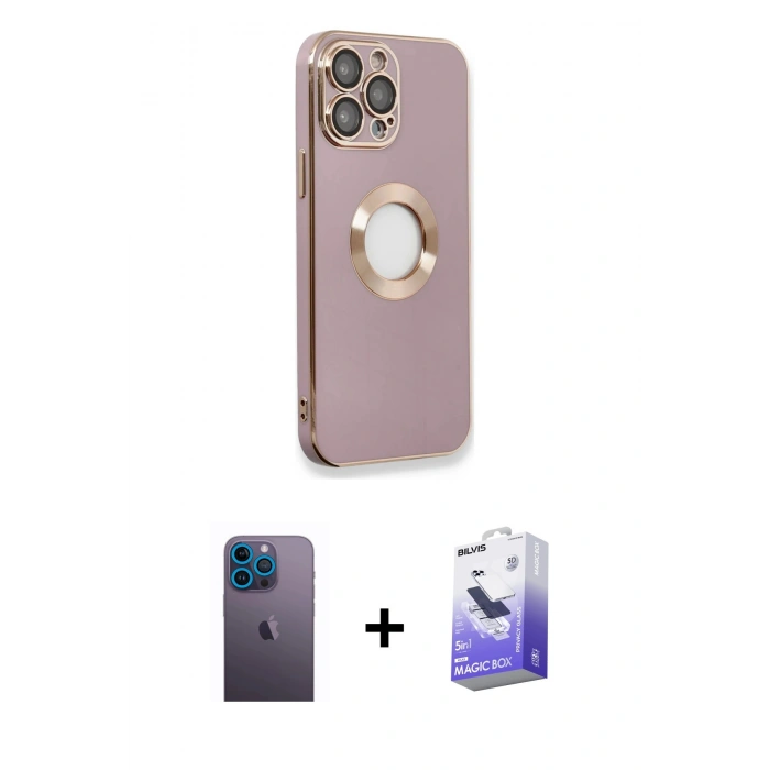 MARSİLYAN™- iPhone 13 Pro Max Kılıf İz Form Serisi - Siyah Bilvis 5in1 5D Magic Hayalet Cam Ekran Koruyucu + Neon Fosforlu Kamera Lens - MI