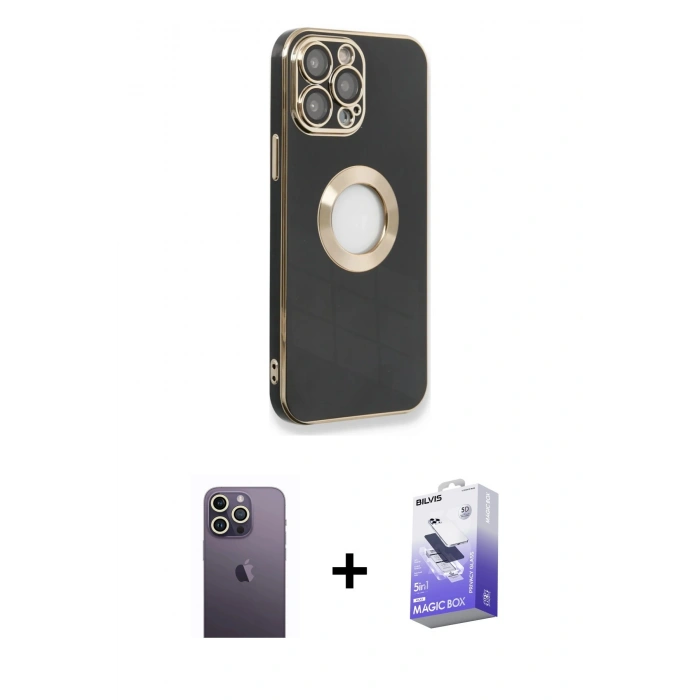 MARSİLYAN™- iPhone 13 Pro Max Kılıf İz Form Serisi - Siyah Bilvis 5in1 5D Magic Hayalet Cam Ekran Koruyucu + Neon Fosforlu Kamera Lens - BZ