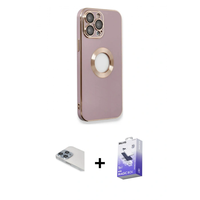 MARSİLYAN™- iPhone 13 Pro Max Kılıf İz Form Serisi - Siyah Bilvis 5in1 5D Magic Hayalet Cam Ekran Koruyucu + Pers Alüminyum Kamera Lens - SABE